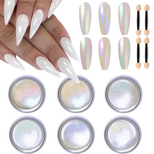 GZMAYUEN 6Pcs Pearl Nail Chrome Powder, Iridescent Aurora Gel Polish Nail Powder, Moonlight Pearlescent Mermaid Pigment Pearl Glitter Holographic Pigment Powder for Nail Art Decorations
