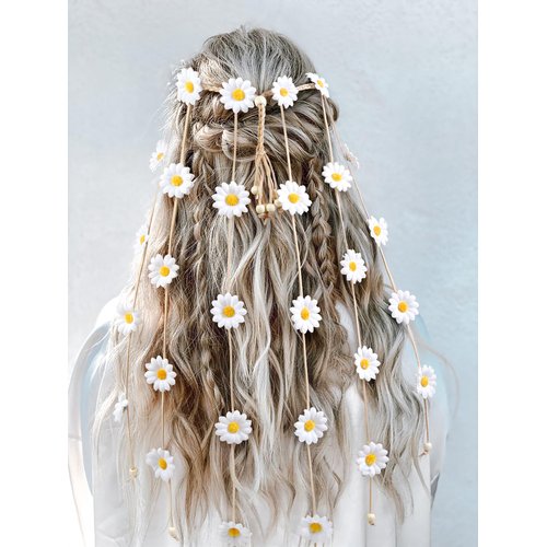 WOVOWOVO 2 Packs Sunflower Crown Headbands For Women Girls Floral Daisy Hippie Hair Accessories Fall Flower Crown Photo Props (1 Pack-White)