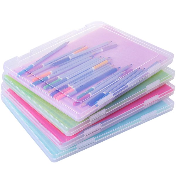 A4 Clear Portable Project Case Thick Scrapbook Paper Storage Box with Handle Plastic File Box Document Case Photo Storage Containers Plastic Protectors for Magazines Stamps Photos Art Craft (4 Pcs)