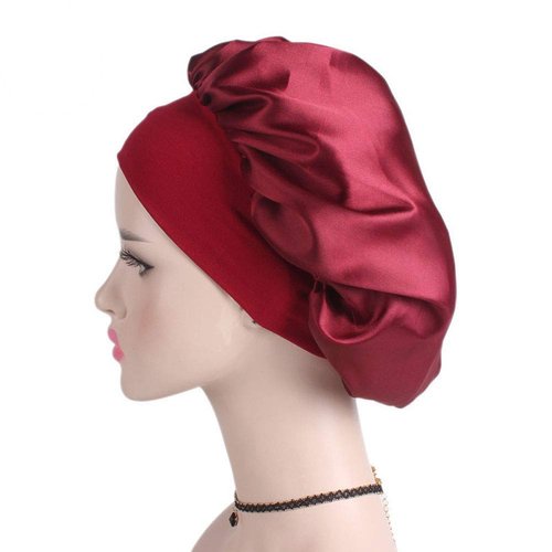 2Pcs Soft Satin Sleeping Cap Salon Hair Bonnet with Elastic Wide Band Comfortable Night Sleep Hat Head Cover Turban for Women Lady Girls Natural Long Curly Hair (Black and Red)