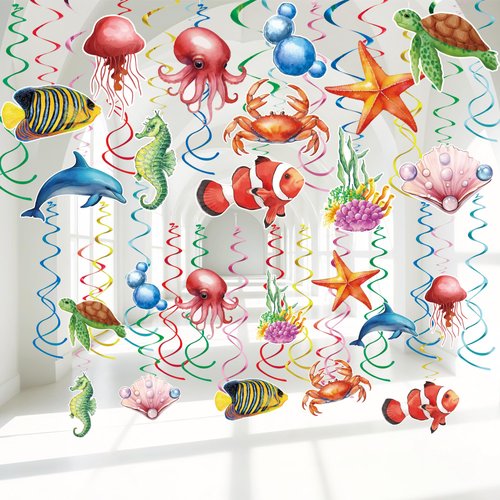 42 Pieces Sea Animals Hanging Swirl Decorations，Ceiling Decor Ocean Themed Party，Tropic Fish Beach Party Favors Supplies