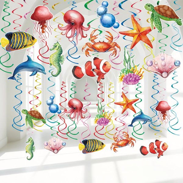 42 Pieces Sea Animals Hanging Swirl Decorations，Ceiling Decor Ocean Themed Party，Tropic Fish Beach Party Favors Supplies