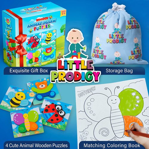 Wooden Puzzles for Toddlers 1-3 Girls & Boys, Sensory Toys, Educational Learning Toys: 4 Puzzles Ages 1-3, Gift Box, Storage Bag, Matching Coloring Book, Animals Puzzle for Toddlers Set of 4