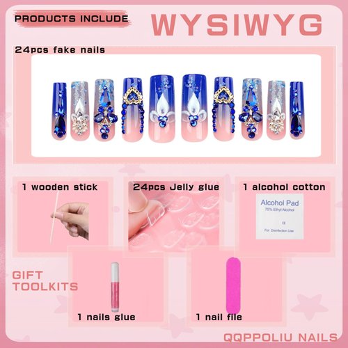 QQPPOLIU Royal Blue Press on Nails Long Length Square Shape Acrylic Fake Nails with Rhinestones Designs False Nails Mother'S Day Gift 24pcs