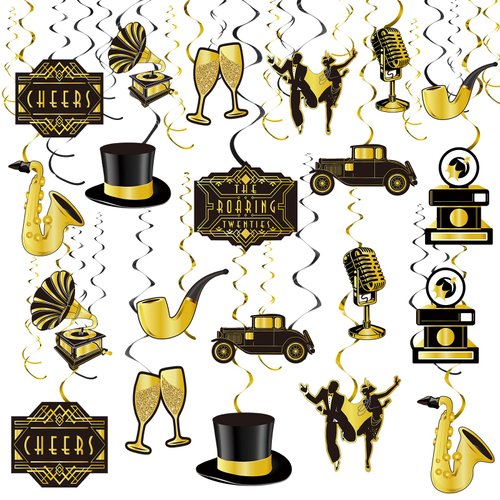 30 Pieces Roaring 20s Swirls Party Decorations, Black Gold Birthday Party Hanging Spirals Streamer Retro Decor for Anniversary Birthday Party 1920s Vintage Jazz Flapper Party Wedding Party Supplies