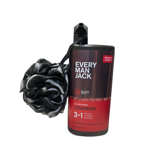 Generic Every Man Jack Cedarwood Hydrating Men's 3-in-1 Body Wash and Shampoo and Conditioner - 28.8 fl oz with sponge loofah, Clear