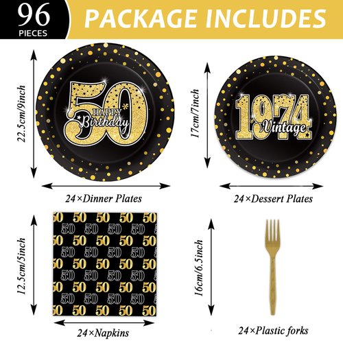 ZOIIWA 96 Pcs Vintage 50th Birthday Party Decorations Vintage 1974 Birthday Party Tableware for Men Woman Cheers to 50 Years Party Dessert Plates Napkins Forks for 24 Guests Back in 1974 Party Favors