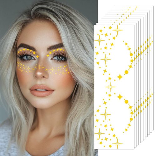 Gold Glitter Freckles Temporary Face Fake Tattoos For Women, Sparkle Waterproof Makeup Patches, Glow Up Faux Stars Speckles - 10 Count
