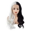 Meiyite Hair Wavy Long 24inch Half Black and Half White Mix Half Hand Tied Heat Resistant Synthetic Lace Front Wigs
