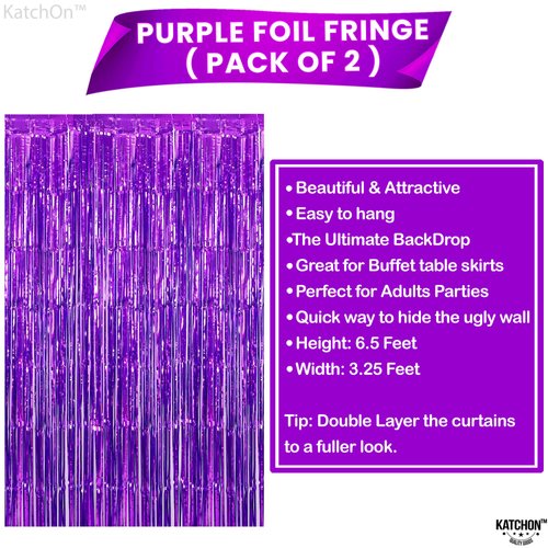 KatchOn, Metallic Foil Purple Backdrop Curtain - 3.2x6.5 Feet, Pack of 2 | Purple Party Decorations | Purple Streamers for Purple Birthday Decorations | Halloween Backdrop for Purple Halloween Décor
