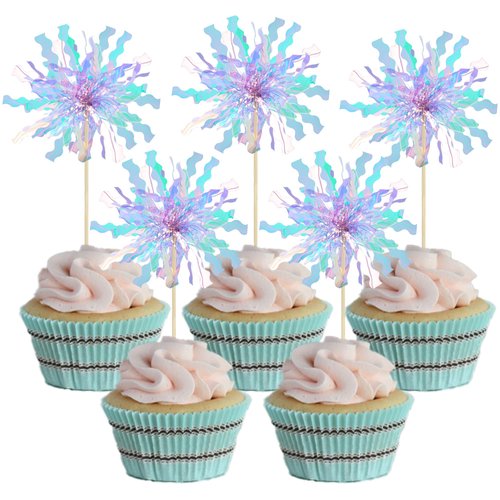 Gyufise 20Pcs Foil Firework Cupcake Toppers Happy Birthday Cake Toppers Sparkle Tinsel Flower Drink Stirrers Cocktail Food Fruit Toothpicks for Valentine's Day Party Supplies Light Blue