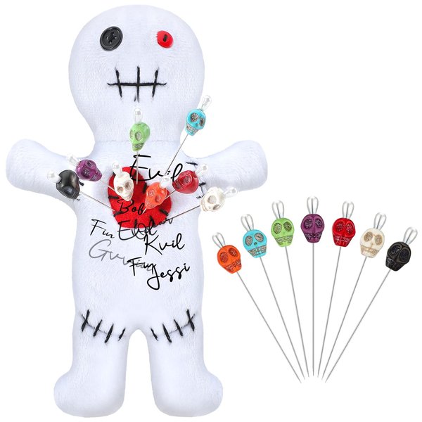 Kathfly 8 Pcs Voodoo Doll Set Include Horror Doll, 7 Pcs Skull Pins Ghost Doll Soft Revenge Dammit Creepy Dolls Pin Holder Voodoo Resin Metal Straight Pins Stress Relieving(White)