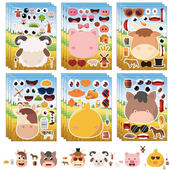 24 Sheets Farm Animal Make a Face Sticker Sheets for Kids Todders Activities, Make Your Own Stickers for Kids Birthday Party Favor Supplies Craft