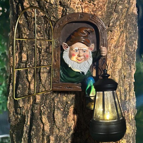 Fairy Garden Statues Gnomes Solar Lantern - Whimsical Elf Out The Door Tree Hugger Figurines Fence Wall Yard Art Home Decor Outdoor Tree Face Sculpture, Ideal Thanksgiving Decorations