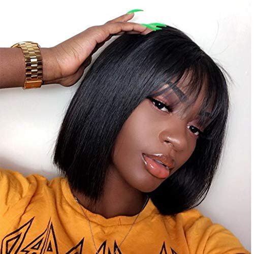 QUINLUX WIGS 13X4 Lace Front Wig 150% Density Air Bangs Natural Color Short Bob Wigs Brazilian 100% Human Hair For Women (10Inch/lace front wig, 150% density)