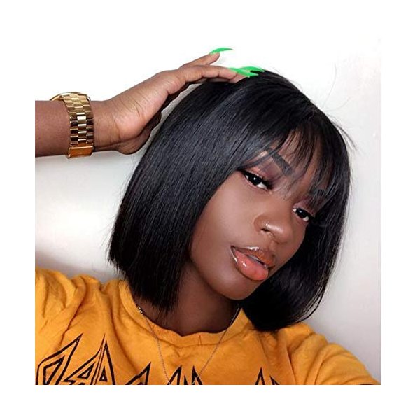 QUINLUX WIGS 13X4 Lace Front Wig 150% Density Air Bangs Natural Color Short Bob Wigs Brazilian 100% Human Hair For Women (10Inch/lace front wig, 150% density)