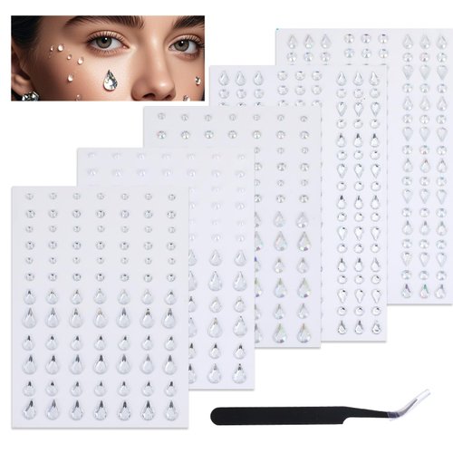 5 Sheets Face Rhinestones Self Adhesive Rhinestones for Face Makeup Water Drop Rhinestones for Face,Hair,Eyes,Body Decorations Accessory