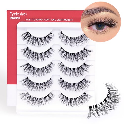 Natural Lashes Wispy False Eyelashes Short 3D Effect Natural Looking Eyelashes 14mm Clear Band Faux Mink Lashes Lightweight 5 Pairs Multipack by EXTENIFY (5 Pair-Short)