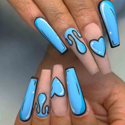Foccna Comic Blue Press on Nails Extra Long, Acrylic Fake Nails Coffin Cartoon LOVE False Nails,A...