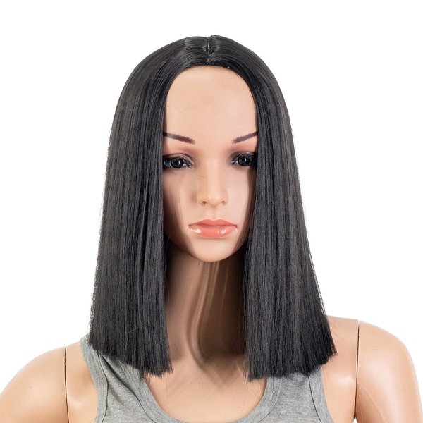 SWACC 12 Inch Short Length Straight Middle Part Hair Wig Synthetic Heat Resistant Wigs for Women with Wig Cap (Black-1B)
