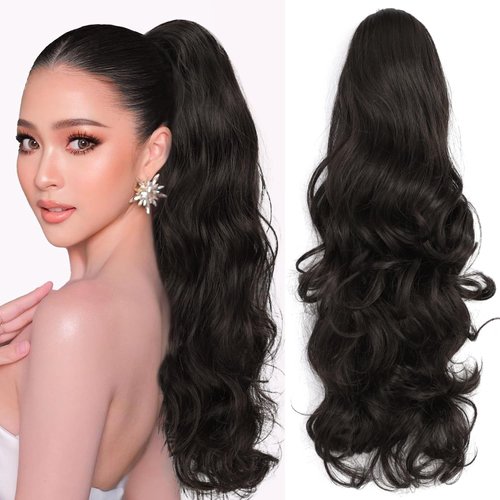 ORSUNCER Ponytail Extension Claw Clip in Long Black Brown Wavy Hairpieces Jaw Long Pony Tails for Women Natural Black Pony Tail for Daily Use