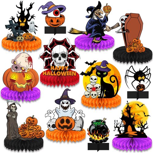 12pcs Halloween Decorations Honeycomb Centerpieces，Black Orange Bloody Halloween Centerpieces ，Tables Toppers Party Decorations Supplies, Halloween Table Sign Decor