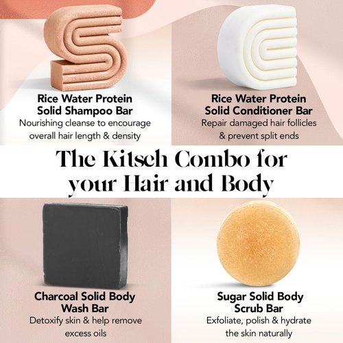 Kitsch 4-Piece Bar Set - Rice Water Shampoo & Conditioner Bars, Charcoal Body Soap Bar, Sugar Scrub Bar - Solid Bars w/Castor Oil & Coconut Oil - Vegan, Paraben & Sulfate Free, Hair & Body Care