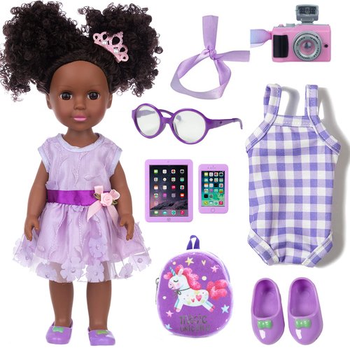 ZNTWEI 14.5 Inch Black Dolls and Black Baby Doll Clothes Accessories Including Unicorn Backpack Ipad Phone Glasses Shoes Camera Headband Hairpin