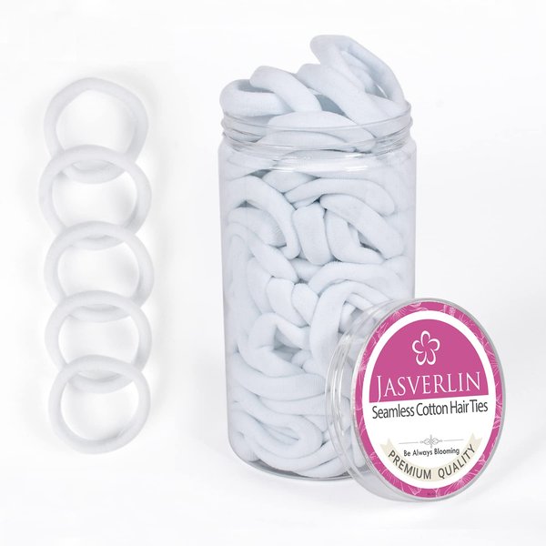 JASVERLIN White Cotton Fabric Hair Ties, Soft Ponytail Scrunchies Hair Bands for Women’s Braided Curly Thin Thick Hair, No Damage Crease Seamless Hair Elastic Band 1.5 Inch 100 pcs (White)