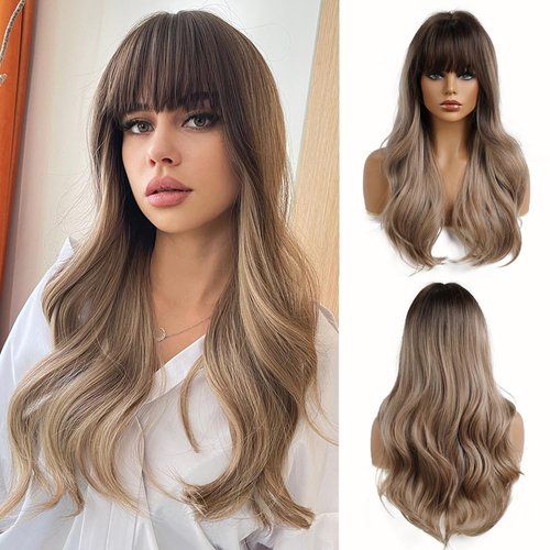 Esmee 24" Long Wavy Wigs with Bangs Dark Blonde Roots Light Brown Wigs for Women Long Wave Brown Ombre Hair with Blonde Wigs,Heat-resistant synthetic wigs for daily parties and role-playing.