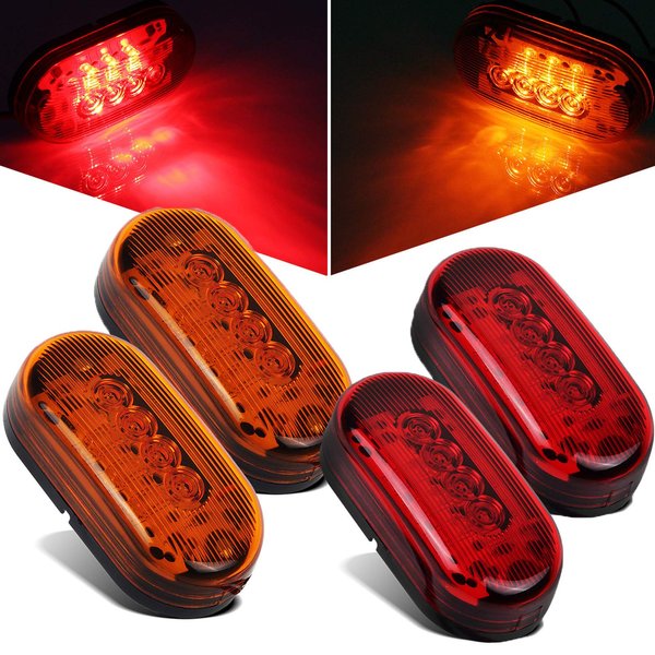 Partsam 2 Amber + 2 Red 12V 4" x 2" Oval Led Truck Side Marker Light Surface Mount 10 Diodes, Sealed Trailer Led Clearance and Side Marker Lights, Black Base, Rectangular Rectangle Led Lights