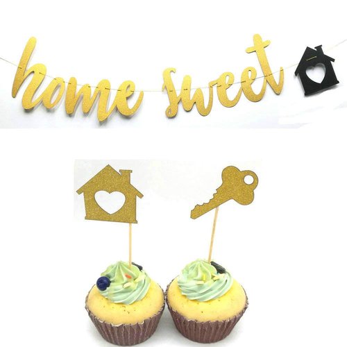 HEMARTY Home Sweet Home Gold Glitter Sign Banner 24 Gold Glitter House Cupcake Toppers for Housew...