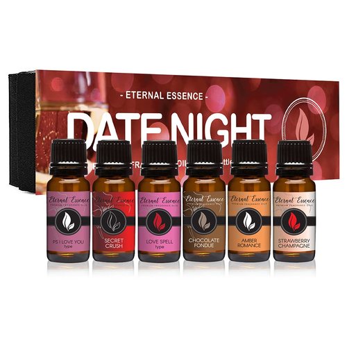 Eternal Essence Oils Date Night Set of 6 Premium Fragrance Oils - PS I Love You, Amber Romance, Secret Crush, Chocolate Fondue, Strawberry Champagne, and Spell - For Candle, Soap Making, & More - 10ML