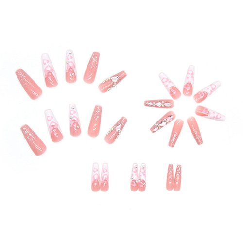 Hkanlre Coffn Press on Nails Tips Ballerina Long Heart Fake Pink Nails Full Cover Rhinestones Coffin False Nails for Women and Girls 24PCS