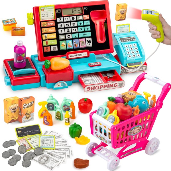 Cash Register for Kids Real Calculator Kids Cash Register with Scanner Toy for 3 4 5 6 7 8 Year Old Boy Pretend Play Store with Music / Food / Shopping Cart Learning Toys Gifts for Boys Ages 4-8