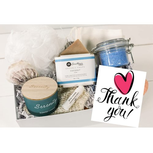 Thank You Gift Box for Women - Spa Kit, Coconut Soap, Beach Scented Candle, Bath Salt Soak, Handmade Vegan, Eco-Friendly Presents