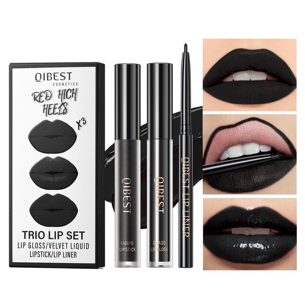 ZAMANIYA 3 In 1 Lip Gloss Set With Matte Lipstick ,Moisturizing Lip Gloss And 2mm Lip Liner Liquid Lipstick Long Lasting Makeup Lip Plumping Lipstick Lipgloss Soft And Smooth Like Cream (12-Black Magic)