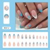24Pcs Blue & White French Tip Press on Nails Medium Fake Nails Almond False Nails with Blue & White Flowers Designs Nude Translucent Acrylic Nails Swirl & Glossy Glue on Nails Spring Nails for Women