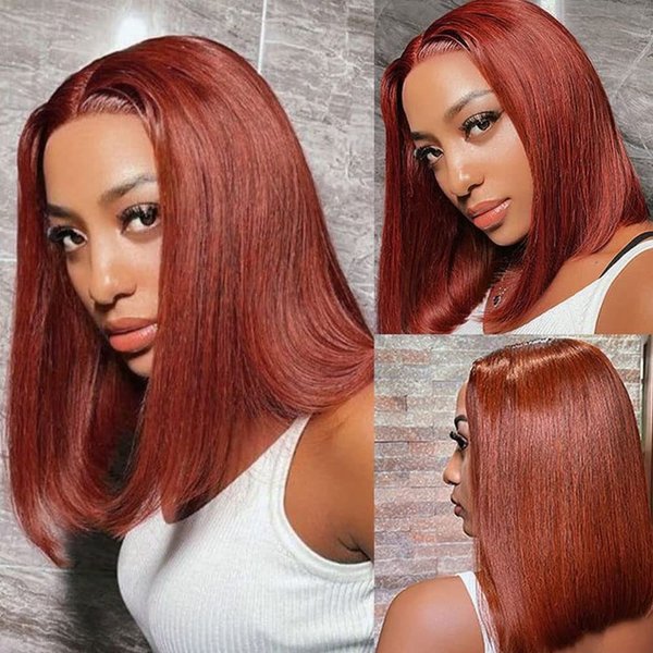 Reddish Brown Bob Wig Human Hair 13x4 Frontal Lace Wig 180% Density Colored 33B Reddish Brown Straight Bob Auburn Pre Plucked with Baby Hair Glueless Copper Red Brazilian Virgin Human Hair Wigs