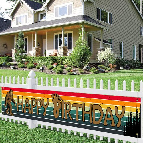 WHPCT Brown Happy Birthday Banner,Bigfoot Birthday Banner,Orangutan Theme Birthday Banner for Men Boys Birthday Decorations,Outdoor Yard Lawn Sign 9.8 x 1.6 Ft, Multicolor