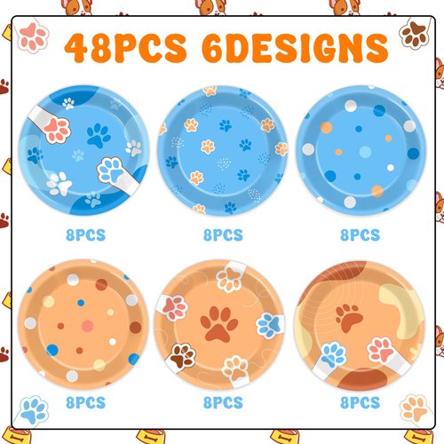 Justforjoyful 48Pcs Blue Dog Birthday Party Supplies Puppy Party Dessert Tableware Dinnerware Set Paw Paper Plates Paw Shaped Disposable for Cartoon Birthday Paw Print Table Party Decor
