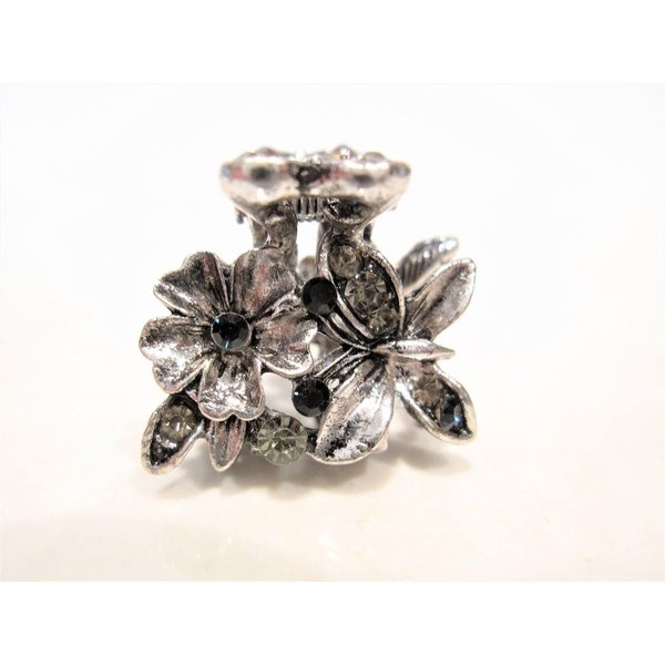 Silver metal blue/black flower butterfly crystal hair claw clip bridal clip