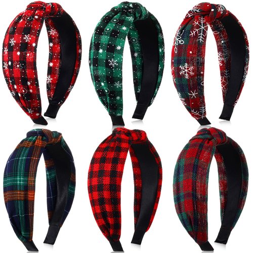 Hoteam 6 Pcs Christmas Knotted Plaid Headband for Women Wide Retro Turban Headband Buffalo Plaid Hair Band with 1 Fabric Drawstring Gift Bag for Women's Hair Accessories Xmas Gift