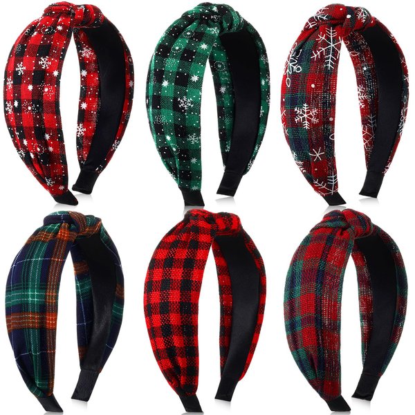 Hoteam 6 Pcs Christmas Knotted Plaid Headband for Women Wide Retro Turban Headband Buffalo Plaid Hair Band with 1 Fabric Drawstring Gift Bag for Women's Hair Accessories Xmas Gift