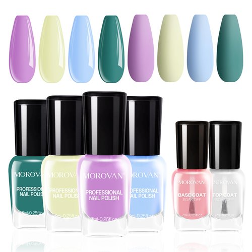 Morovan Fingernail Nail Polish Set: Air Dry Macaron Nail Polish Kit with Base & Top Coat Glossy Nail Polish Pack Regular Finger Nail Polish Bulk Toenail Polish Gift Set for Women