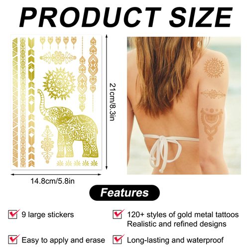 9pcs Gold Temporary Tattoos, 8.3x5.8in Tattoo Stickers Gold Butterfly Star Moon Feather Waterproof Tattoos Stickers for Women Girls Parties Festivals Makeup Cosplay Accessories(Style A)