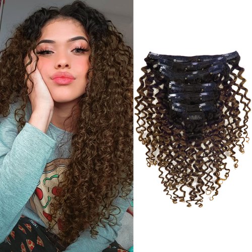 Anrosa Jerry Curly 20inch Human Hair Clip In Extensions For Black Women Ombre Natural Black #1B Fading To Dark Brown #4 Color Clip In Natural Hair Extensions Remy Human Hair 120gram