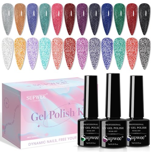 SUPWEE 12 Colors Reflective Glitter Gel Polish - Silver Pink Blue Sparkle Gel Nail Polish Shimmer Holographic Nail Gel Polish Manicure Soak Off Lamp Gel Home DIY Varnish
