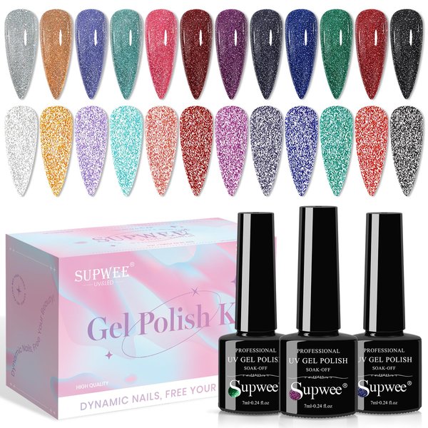 SUPWEE 12 Colors Reflective Glitter Gel Polish - Silver Pink Blue Sparkle Gel Nail Polish Shimmer Holographic Nail Gel Polish Manicure Soak Off Lamp Gel Home DIY Varnish