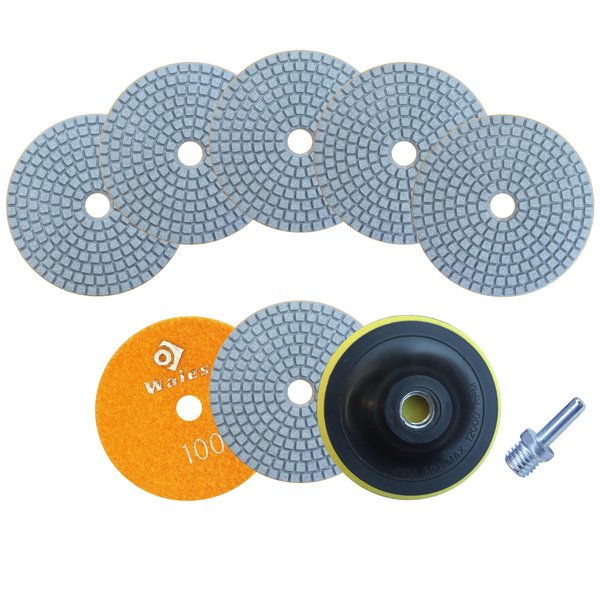 Waies 4 Inch Diamond Polishing Pads Wet Dry with 5/8"-11 Backer Pad 8 Pieces Polish Pad Kit for Drill Grinder Polisher 100 Grit for Granite Tile Marble Concrete Stone Polishing Countertop Quartz …
